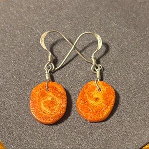 Orange Nature Round Cabochon Porous Orange Swirl Dangle Earrings